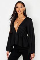Boohoo Flared Sleeve Woven Peplum Top