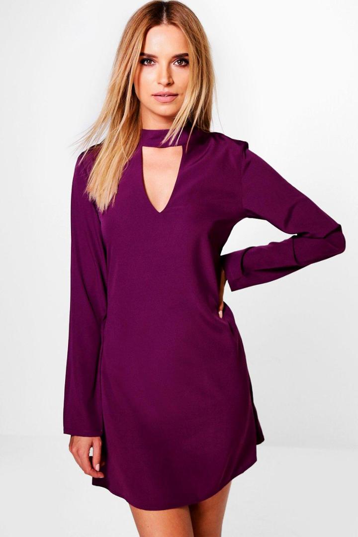 Boohoo Ruth Choker Detail Swing Dress Plum