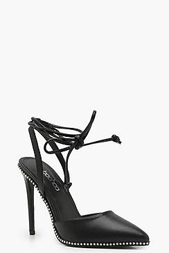 Boohoo Olivia Pointed Toe Wrap Strap Studded Heels