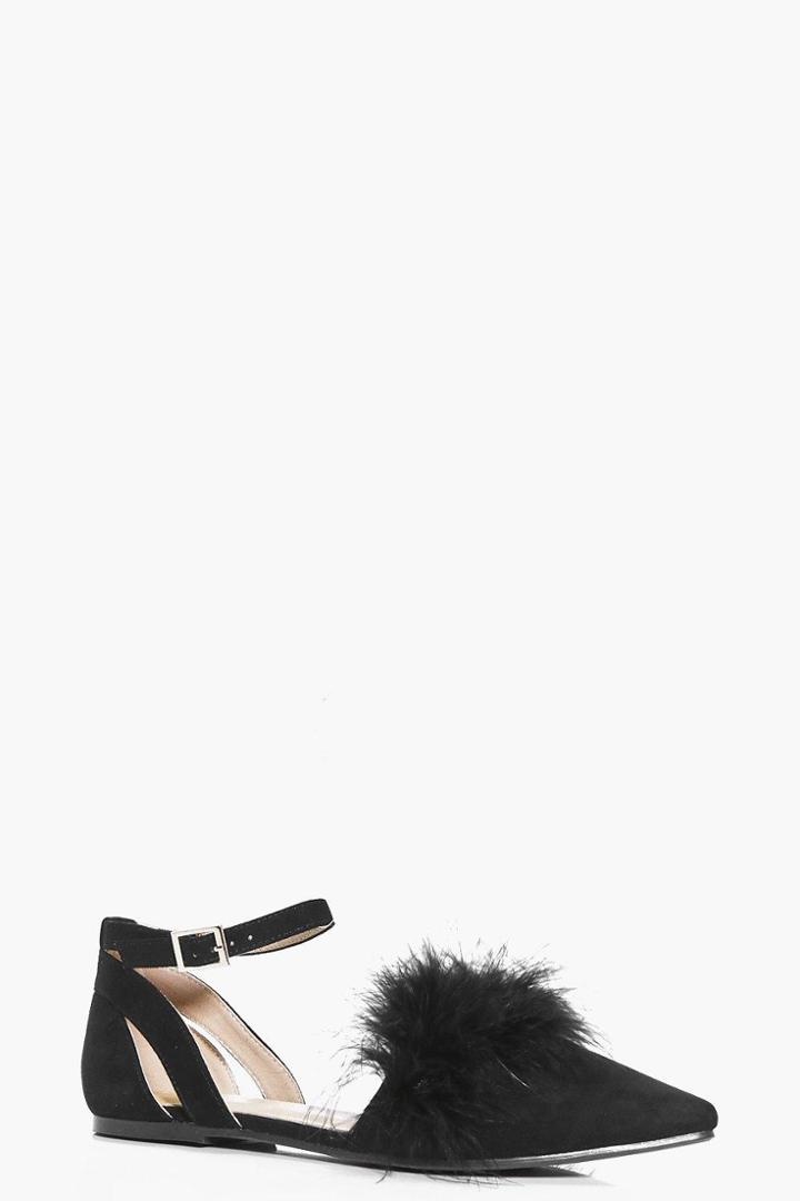 Boohoo Edie Faux Feather Trim Pointed Flats Black