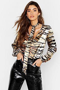 Boohoo Tiger Print Pussy Bow Satin Blouse