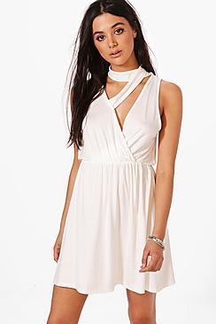 Boohoo Talia Choker Detail Plung Skater Dress