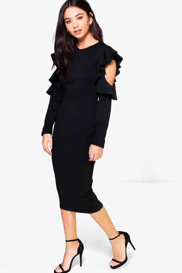 Boohoo Erin Frill Sleeve Cold Shoulder Tailored Dress Black