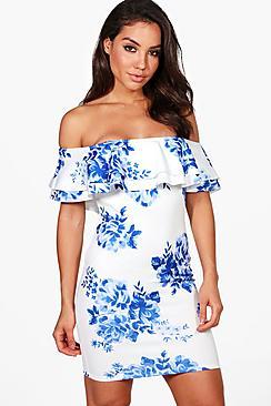 Boohoo Nancy Floral Print Frill Bodycon Dress