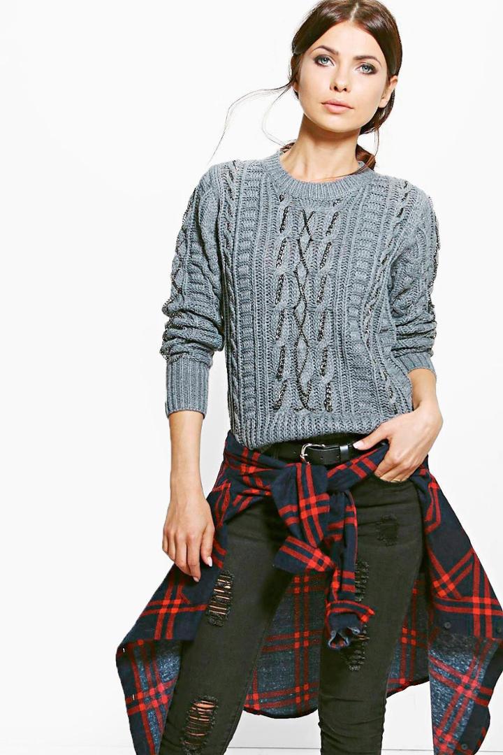 Boohoo Megan Chain Detail Cable Jumper Grey
