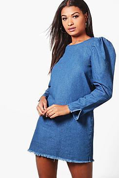 Boohoo Puff Sleeve Denim Dress