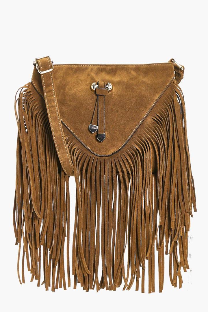 Boohoo Natalia Fringed Suedette Cross Body Bag Tan