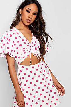 Boohoo Large Polka Dot Ruched Front Tea Dress