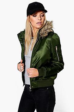 Boohoo Leah Faux Fur Hood Crop Bomber Jacket