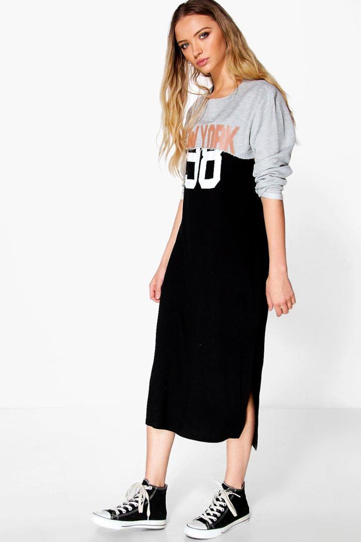 Boohoo Aggie Double Layer Sports Print Midi Dress Multi
