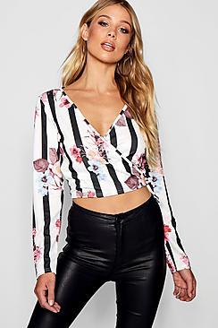 Boohoo Hayley Wrap Tie Detail Floral Stripe Blouse