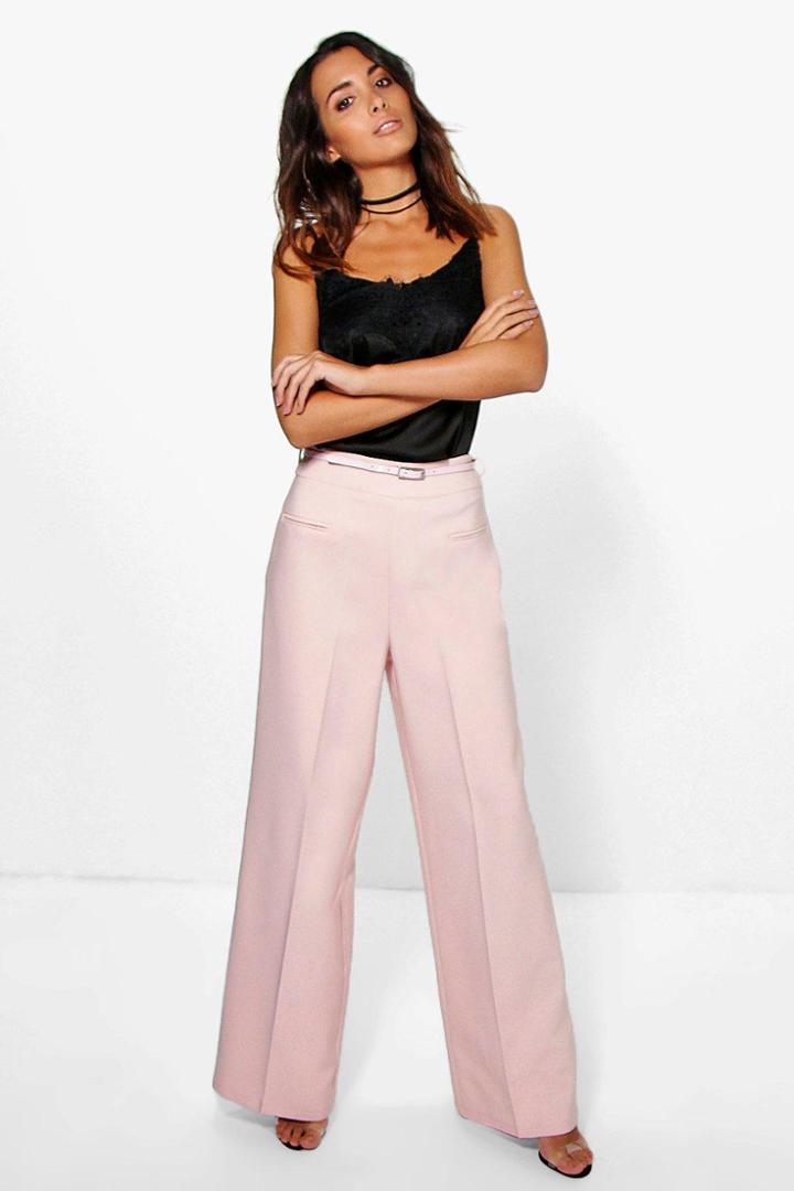 Boohoo Naomi Belted Wide Leg Woven Tailored Trousers Blush