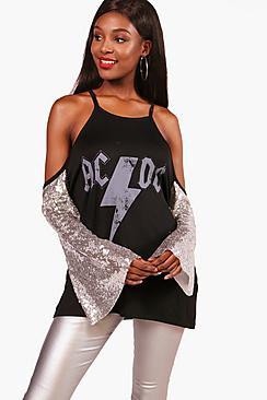 Boohoo Ella Acdc Licensed Cold Shoulder Top