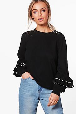 Boohoo Keira Pearl Trim Ruffle Sweat