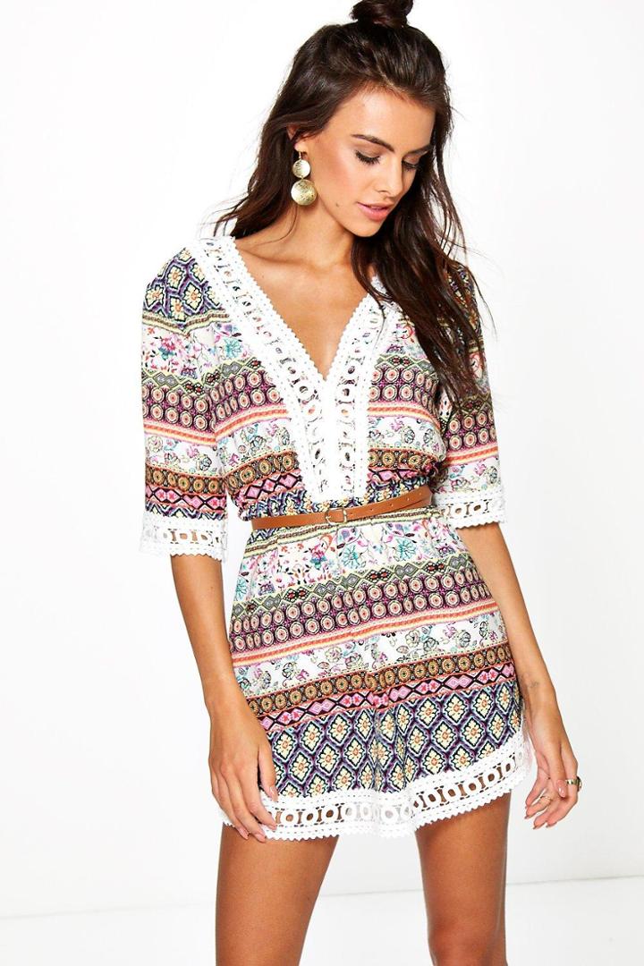 Boohoo Brianna Flower Printed Lace Trim Dress Orange