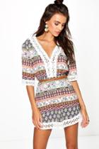 Boohoo Brianna Flower Printed Lace Trim Dress Orange