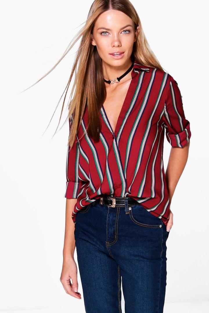 Boohoo Eleanor Striped Wrap Front Shirt Multi