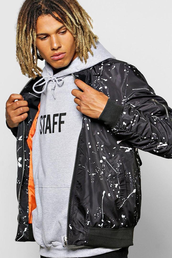 Boohoo Paint Splatter Ruched Ma1 Bomber Black