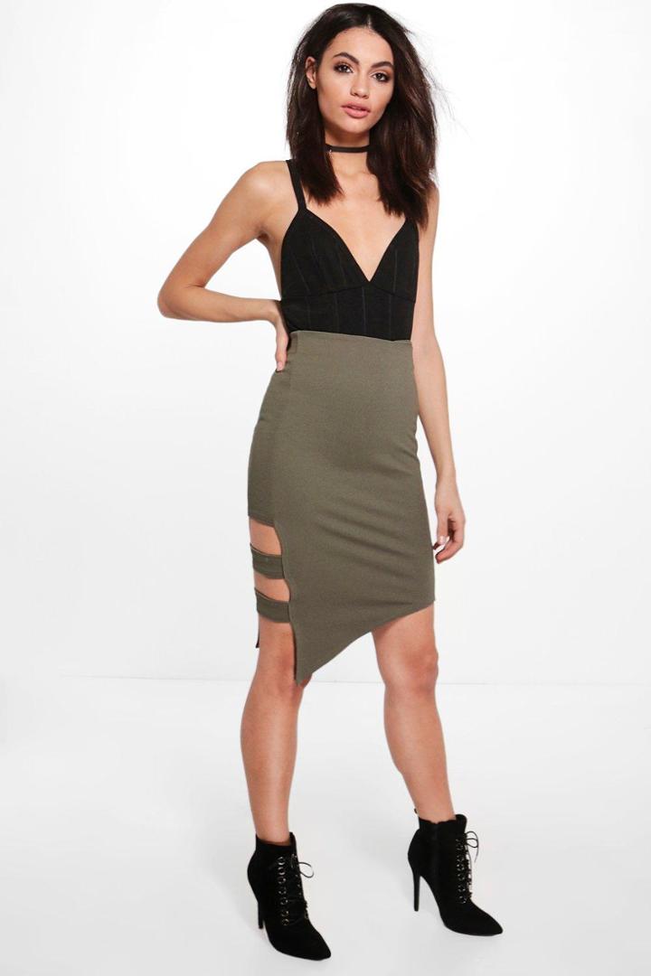 Boohoo Lua Cut Work Midi Skirt Khaki