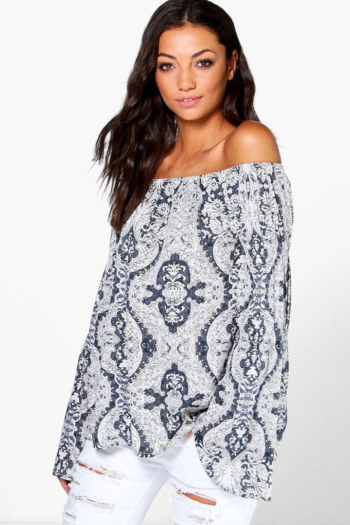 Boohoo Tall Elise Tonal Print Woven Off The Shoulder Top Grey