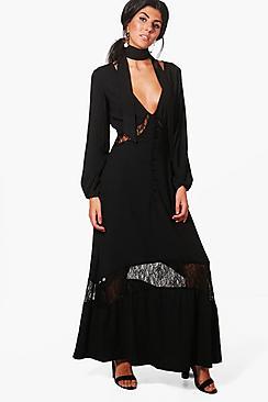 Boohoo Lace Insert Button Detail Maxi Dress