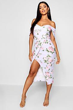 Boohoo May Floral Off The Shoulder Wrap Skirt Midi Dress