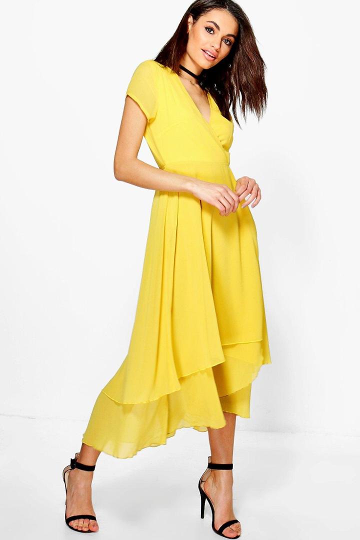 Boohoo Gracie Chiffon Cap Sleeve Ruffle Midi Dress Yellow