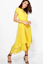 Boohoo Gracie Chiffon Cap Sleeve Ruffle Midi Dress Yellow