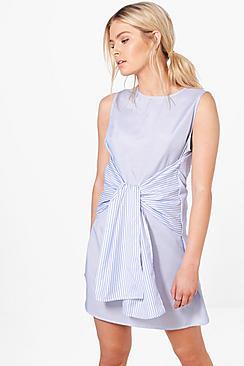 Boohoo Elsie Mixed Stripe Tie Front Shift Dress
