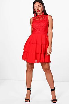 Boohoo Boutique Joan Lace Top Ruffle Skater Dress