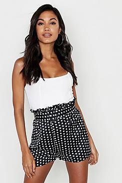 Boohoo Satin Polka Dot Paperbag Belted Shorts