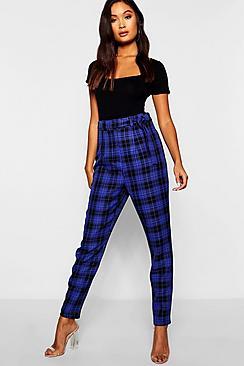 Boohoo Woven Tartan Check Tie Waist Slimline Pants