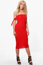 Boohoo Lara Tie Sleeve Bardot Midi Dress Poppy