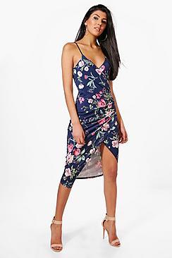 Boohoo Maya Floral Strappy Wrap Midi Dress
