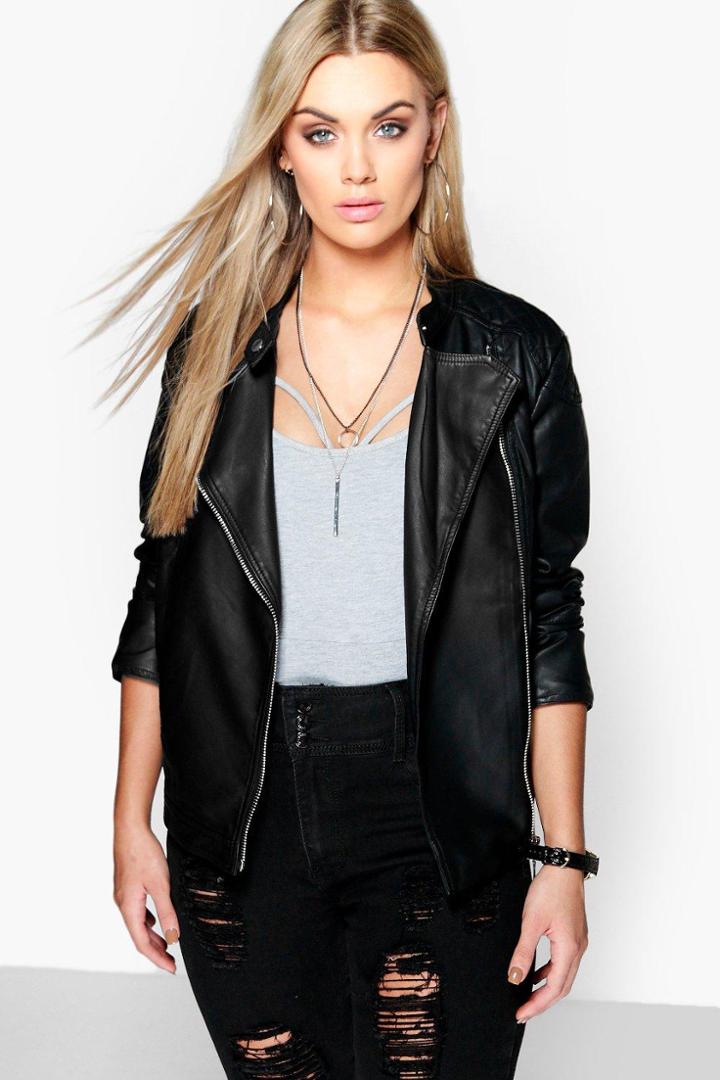 Boohoo Plus Eliza Quilted Faux Leather Biker Jacket Black