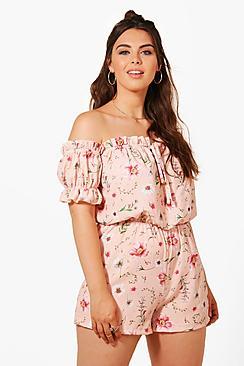 Boohoo Plus Heidi Frill Off The Shoulder Floral Playsuit
