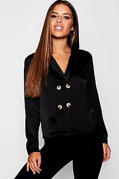 Boohoo Petite Mock Horn Button Wrap Satin Shirt