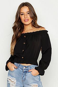 Boohoo Petite Off The Shoulder Button Through Top