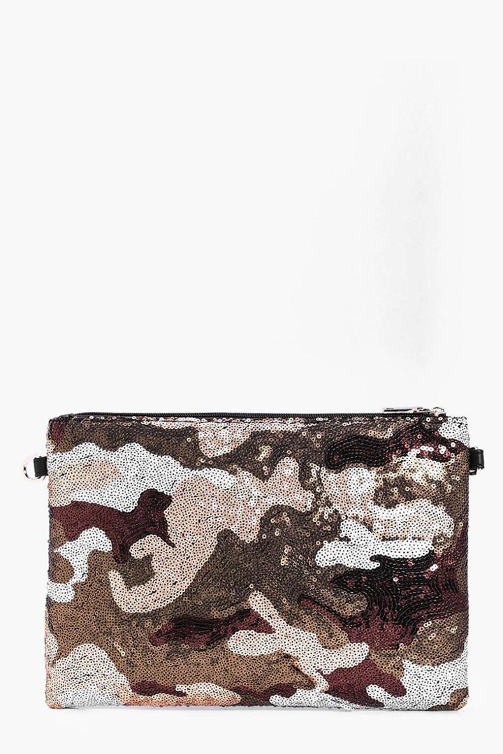 Boohoo Rachel Camo Sequin Clutch Bag Silver