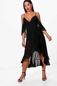 Boohoo Hannah Chiffon Frill Cold Shoulder Skater Dress