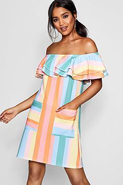 Boohoo Amelie Pastel Stripe Off The Shoulder Shift Dress