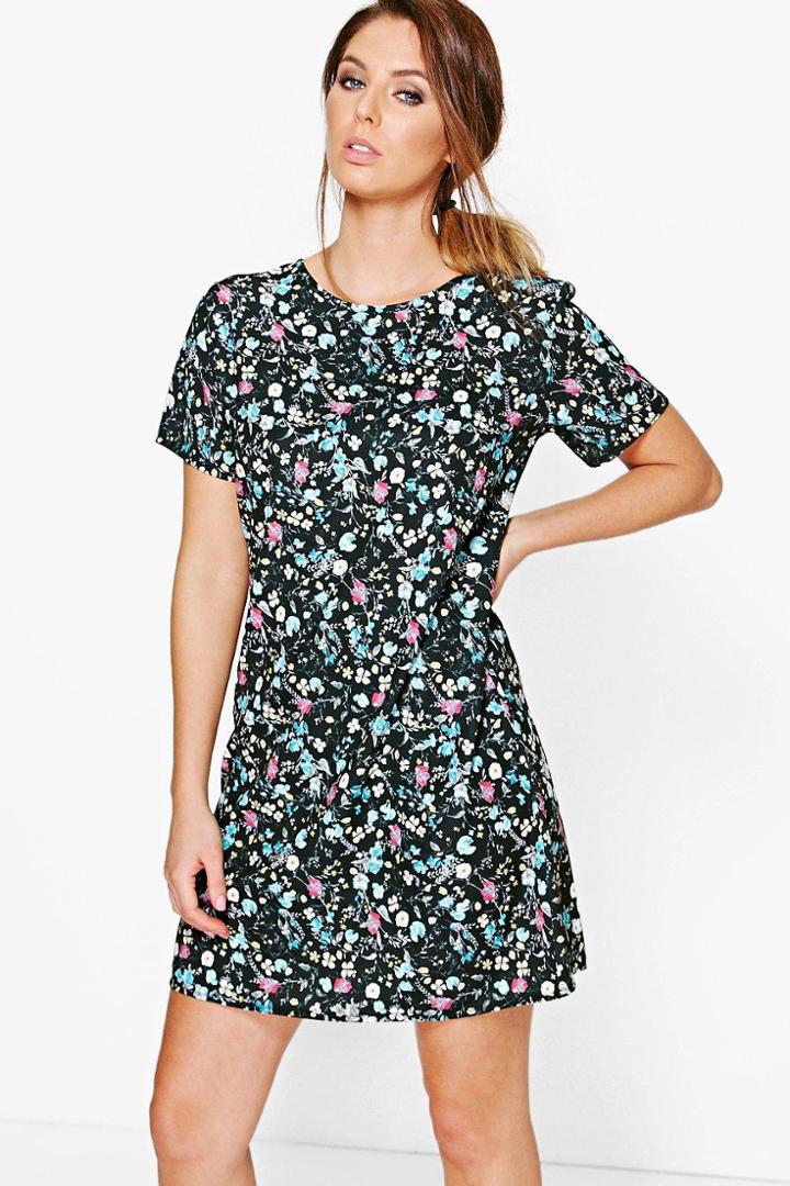 Boohoo Aiyana Floral Printed Woven Shift Dress Black