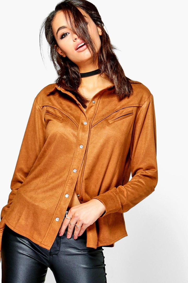 Boohoo Amanda Suedette Western Shirt Tan