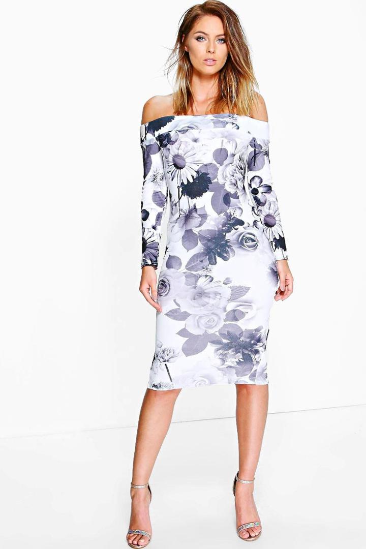 Boohoo Evianna Floral Off Shoulder Midi Dress Multi