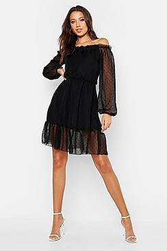 Boohoo Tall Bardot Dobbymesh Skater Dress