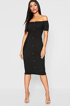 Boohoo Mock Horn Button Rib Off Shoulder Midi Dress