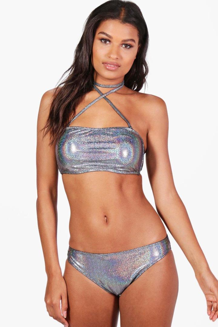 Boohoo Sydney Mermaid Shimmer Choker Wrap Bandeau Bikini Silver