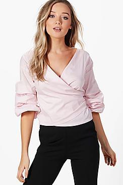 Boohoo Cara Ruffle Sleeve Stripe Wrap Shirt