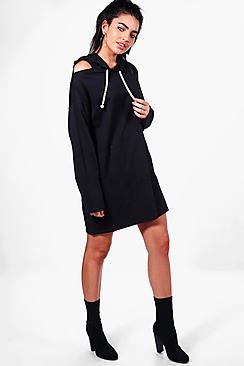 Boohoo Nala Pearl Draw Cord Cold Shoulder Sweat Dress