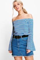 Boohoo Lucy Stripe Off The Shoulder Top Blue